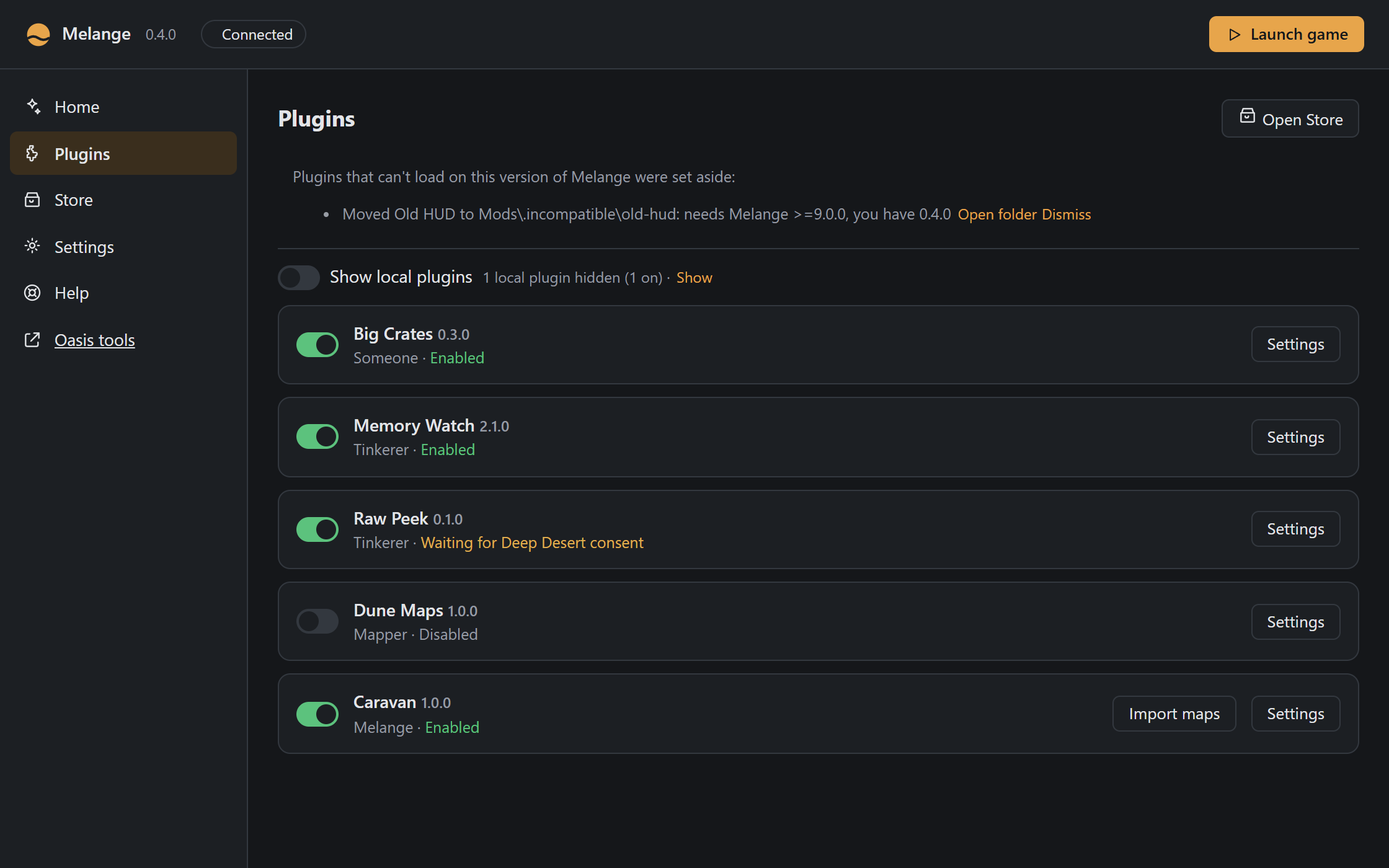 Melange.exe’s Plugins page: a notice that a plugin which can’t load was set aside, the Show local plugins switch, and the installed plugins with their switches