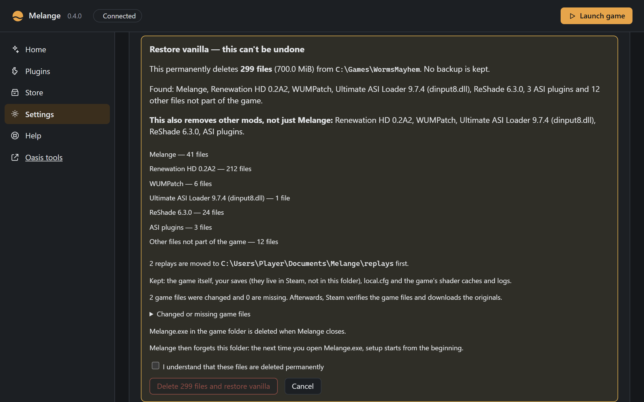 The Restore vanilla dialog: it names Melange, Renewation HD, WUMPatch, the ASI loader, ReShade and other files it will delete, says replays are moved and saves are kept, and waits for “I understand” before deleting