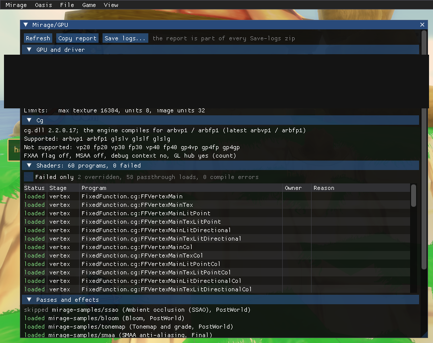 The Mirage/GPU panel’s compatibility report (the GPU/driver rows are blanked)