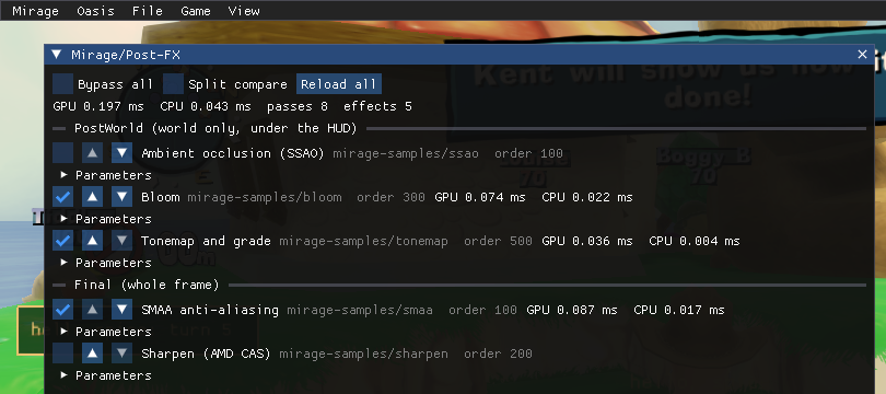 The overlay’s Mirage/Post-FX panel: effects listed by stage, with GPU/CPU cost per effect