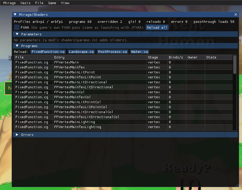 The overlay’s Mirage/Shaders panel: profiles, reload/error counts, and the loaded Cg programs per file