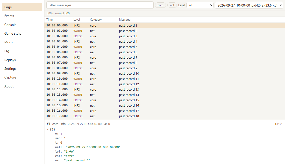 The Logs panel showing a past session opened from the source menu, with one record expanded as a JSON tree