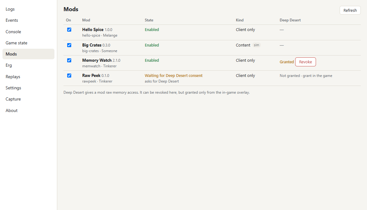 The Mods panel listing client and content mods, a pending Deep Desert consent, and a Revoke button on a mod that already has it granted