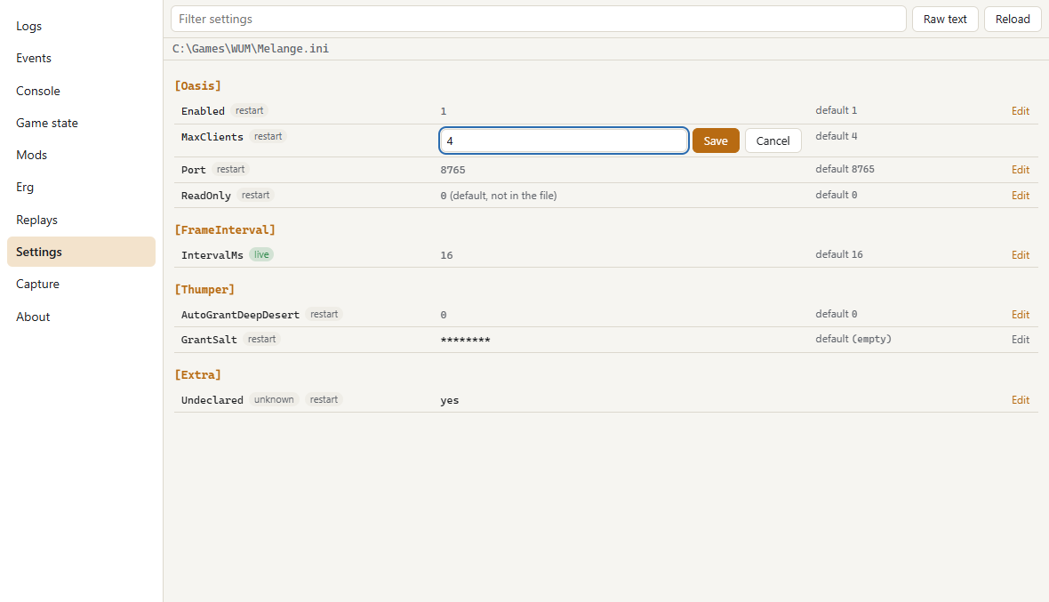 The Settings panel editing a declared Melange.ini key in place, with the grant salt masked
