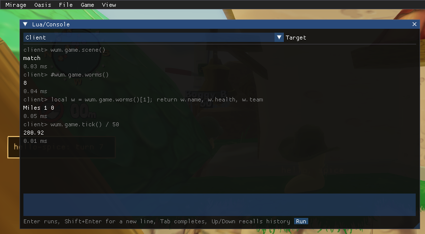 The overlay’s Lua/Console panel: running wum.game.* calls against the client VM
