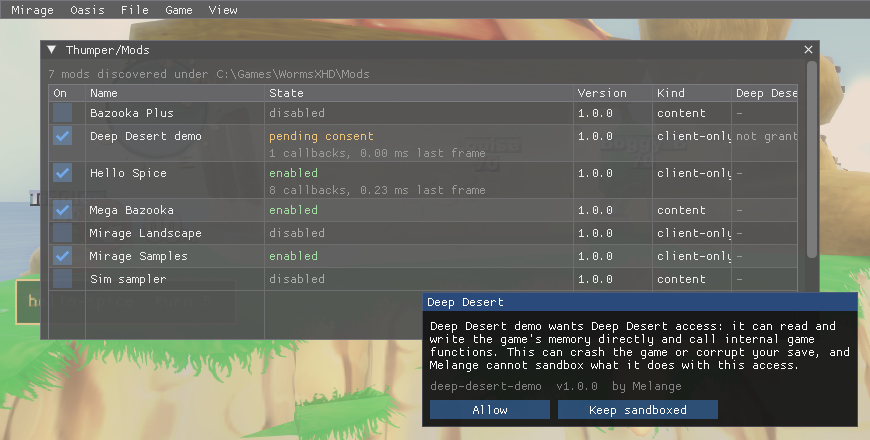The Deep Desert consent modal, offering Allow or Keep sandboxed