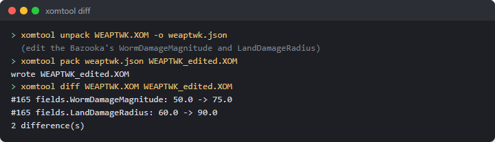xomtool unpack, an edit, pack and diff: two fields changed on the Bazooka, printed one per line