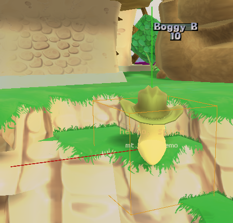 Close-up of the gizmo: the box outline, the axis line and a world-space text label drawn near the worm