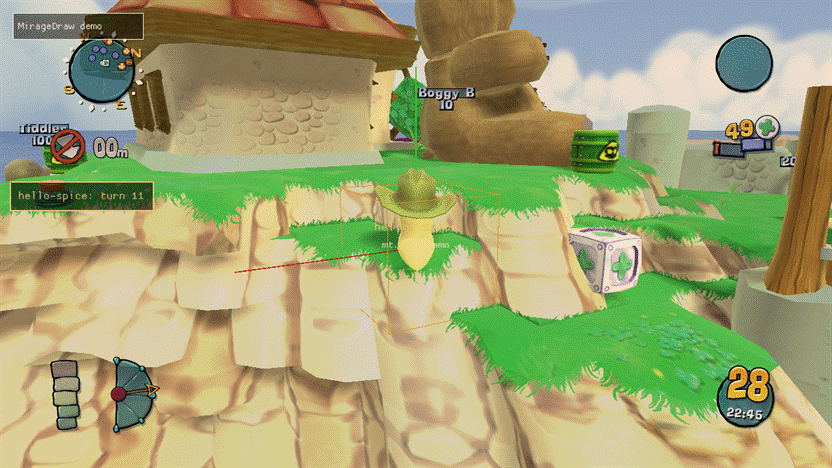 The same scene with a world-space box gizmo, an aim line and a HUD label drawn by the demo