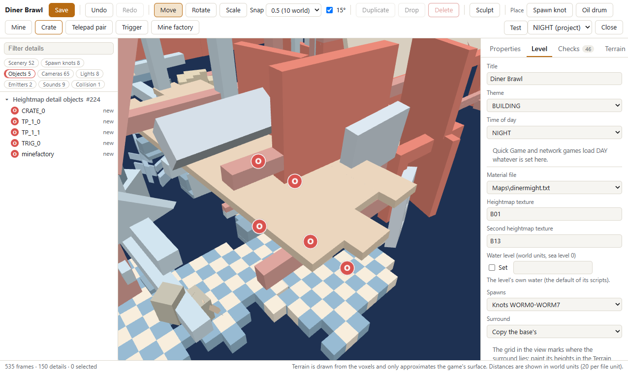 A crate, a telepad pair, a trigger and a mine factory placed on Diner Might, with the outliner showing only objects