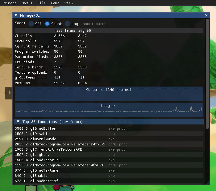 The Mirage/GL panel: call and draw-call counts, a frame-time graph, and the busiest OpenGL functions