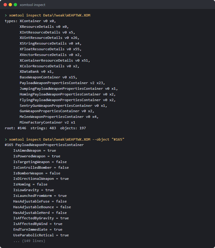 xomtool inspect listing WEAPTWK.XOM’s TYPE table and then every field of one PayloadWeaponPropertiesContainer object