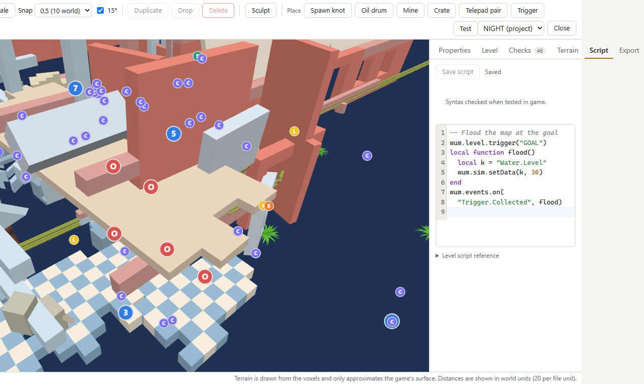 The Script tab with a short level script that floods the map when the goal trigger is collected