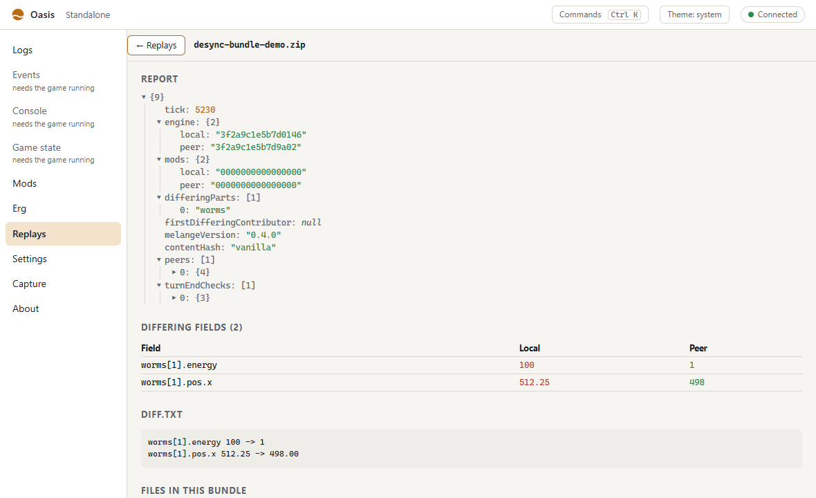 The divergence diff viewer opened on a desync bundle .zip: the report, the differing fields table, and diff.txt