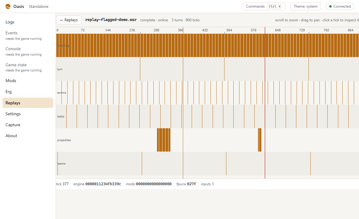 The replay timeline for one .wsr file: one row per engine component, a divergence marker, and the selected tick’s hashes below